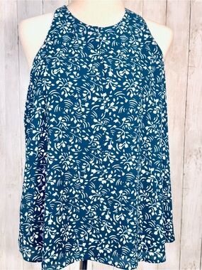 LOFT Petite Blue & White Halter Blouse | Open Back Sleeveless Top | LP